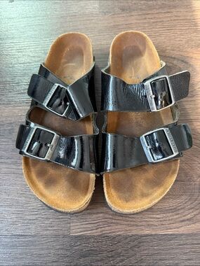 Birkenstock Two-Strap Black Patent Buckle Sandals